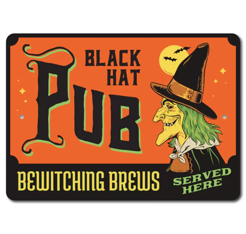 Lizton Sign Shop Black Hat Pub, Bewitching Brews Served Here Metal Sign* Signs