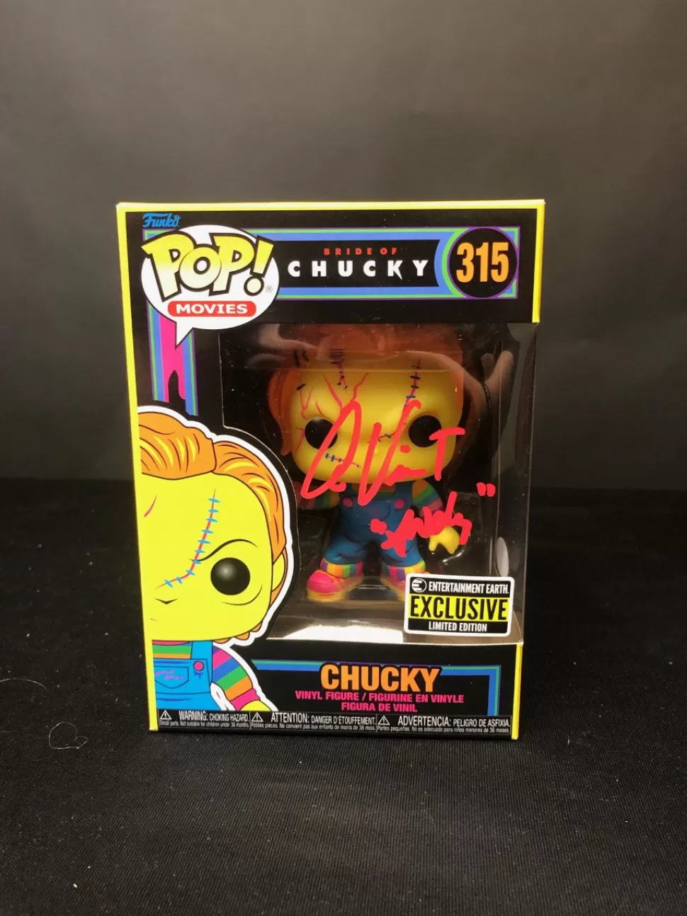 Nightmare Toys Child'S Play Chucky Black Light Pop! Vinyl Figure - Entertainment Earth Exclusive Signed By Alex Vincent W/ Jsa* Funko Pop!